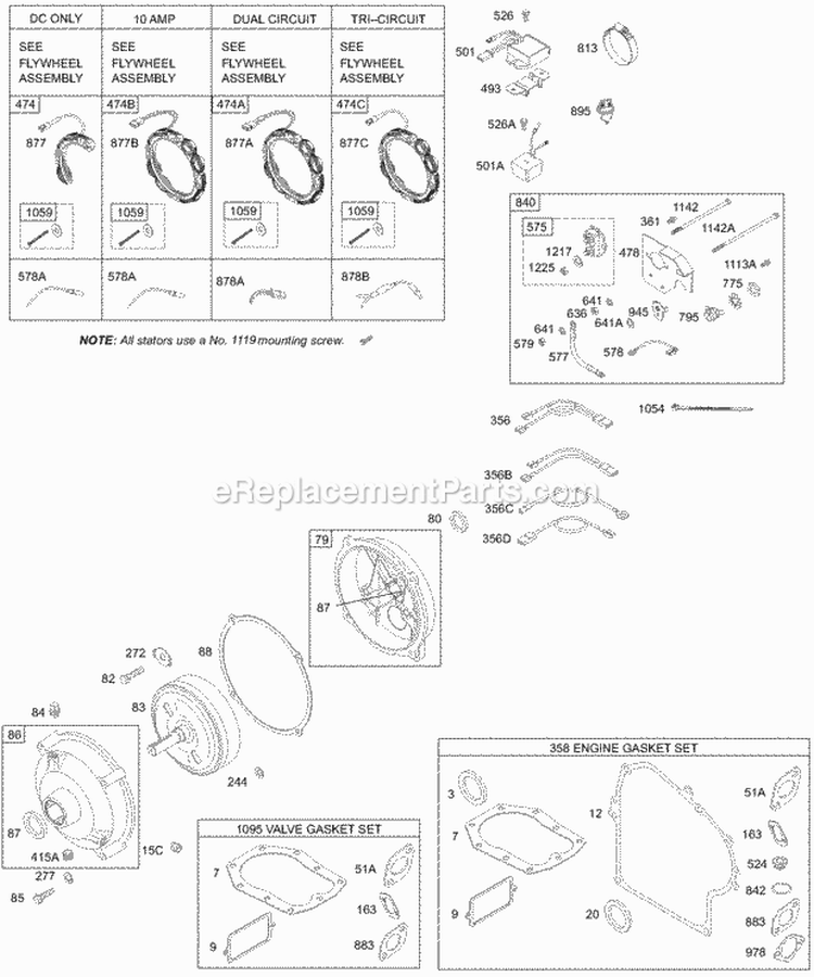 Alternators Wires Gear Reduction Gasket Sets Diagram and Parts List for  Briggs and Stratton Engine